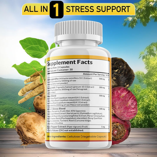 Ashwagandha Maca Root Fenugreek Supplement With Tongkat Ali Ginseng - Assists With Mood & Thyroid Health - Made In Usa - 120 Count