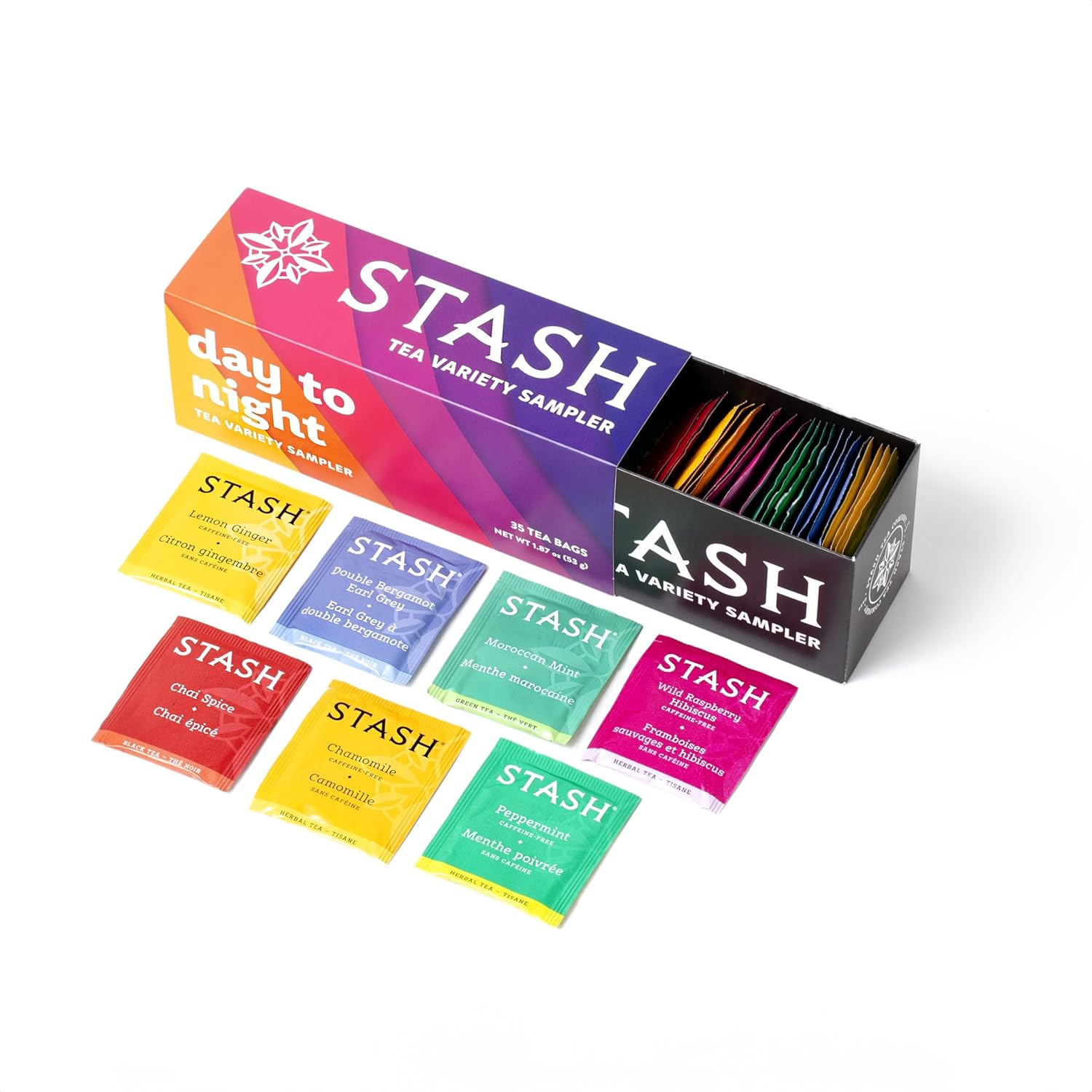 Stash Tea Day To Night Tea Sampler - Assorted Specialty Tea Gift Set, High To No Caffeine, 7 Flavors, 35 Tea Bags