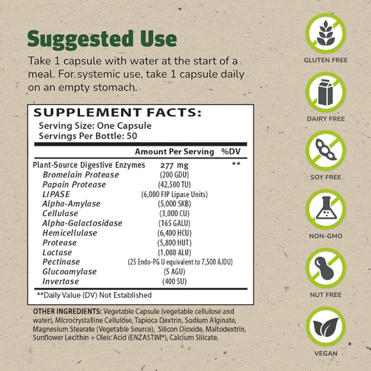 Master Supplements Enzalase - 50 Capsules - Probiotic Compatible Enzymes - Provides Digestive Boost + Gas & Bloating Relief - Gluten Free - 50 Servings