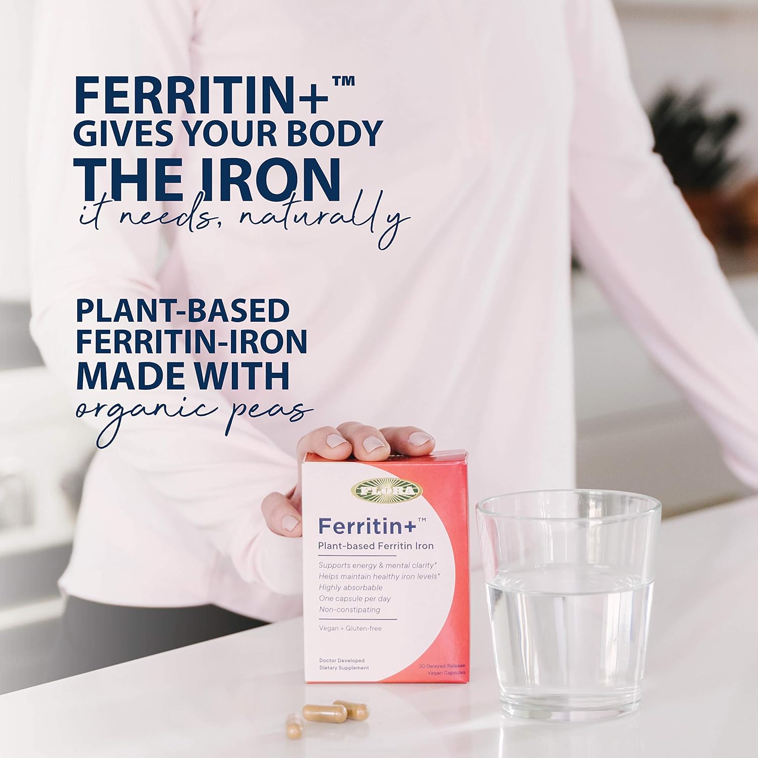 Flora - Ferritin+ Plant-Based Iron, Helps Maintain Healthy Iron Levels, Non-Constipating, Highly Absorbable, Supports Energy & Mental Clarity, Vegan Iron Supplement, 30 Delayed Release Vegan Capsules : Health & Household