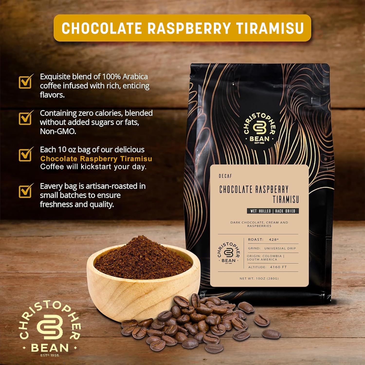 Christopher Bean Coffee Decaf Coffee Ground - Chocolate Raspberry Tiramisu Flavored Coffee, Decaffeinated Coffee W/ Non-Gmo Flavoring, Arabica Coffee Beans, Makes 30 Cups Non-Dairy & Sugar-Free 12 Oz