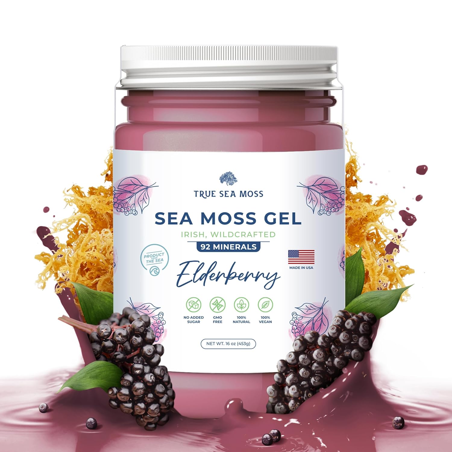 TrueSeaMoss Wildcrafted Irish Sea Moss Gel - Made with Dried Seaweed - Seamoss, Vegan-Friendly, Antioxidant Supports Thyroid & Digestion - Made in USA (Elderberry, Pack of 1)