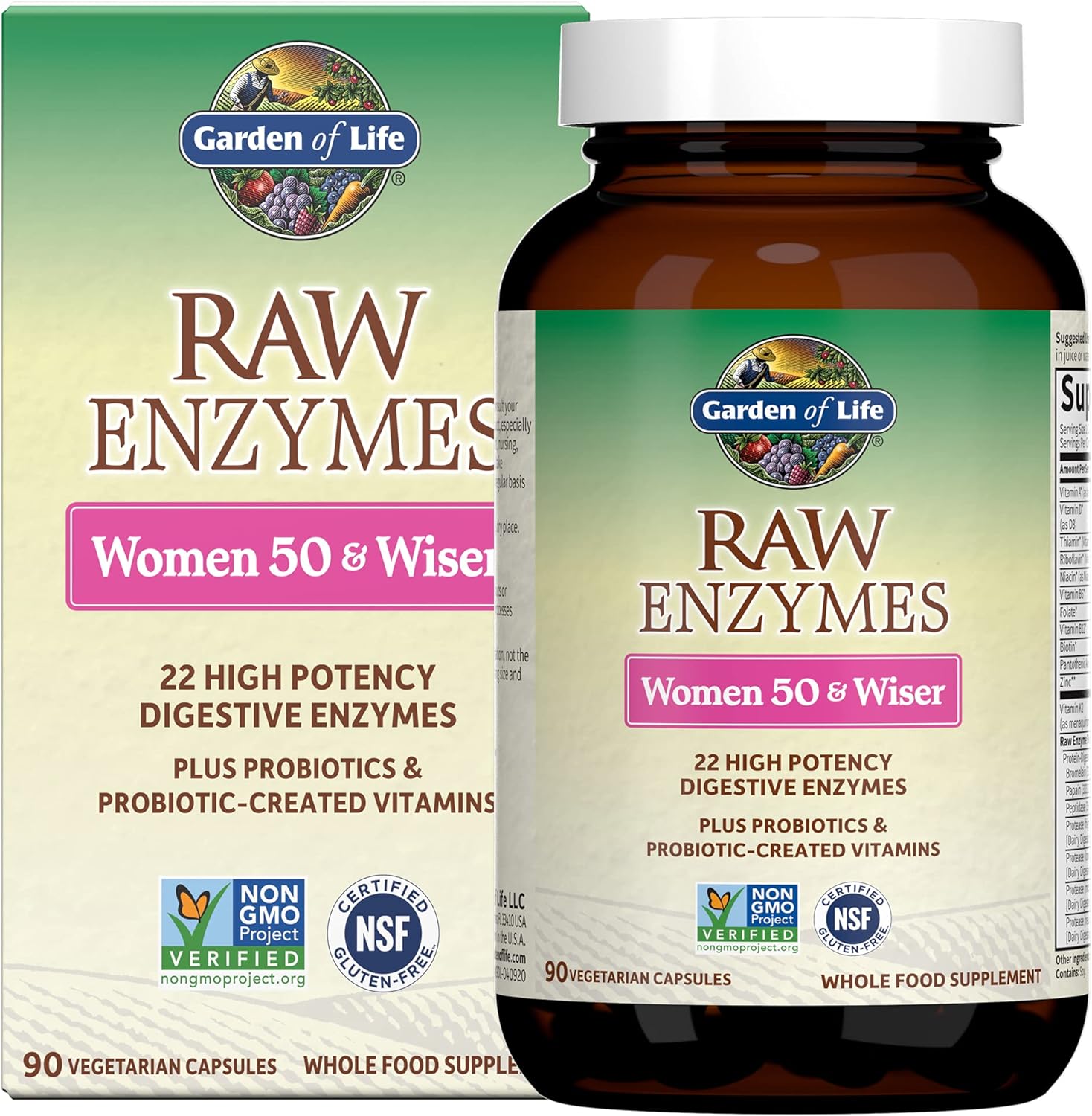 Garden of Life 22 Digestive Enzymes for Women 50 & Over with Bromelain, Papain & Lactase Plus Probiotics & Vitamins B12, Biotin & Zinc ? RAW Enzymes ? Non-GMO, Gluten-Free, Vegetarian, 90 Capsules