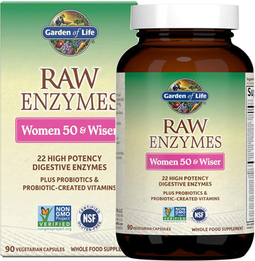 Garden of Life 22 Digestive Enzymes for Women 50 & Over with Bromelain, Papain & Lactase Plus Probiotics & Vitamins B12, Biotin & Zinc ? RAW Enzymes ? Non-GMO, Gluten-Free, Vegetarian, 90 Capsules