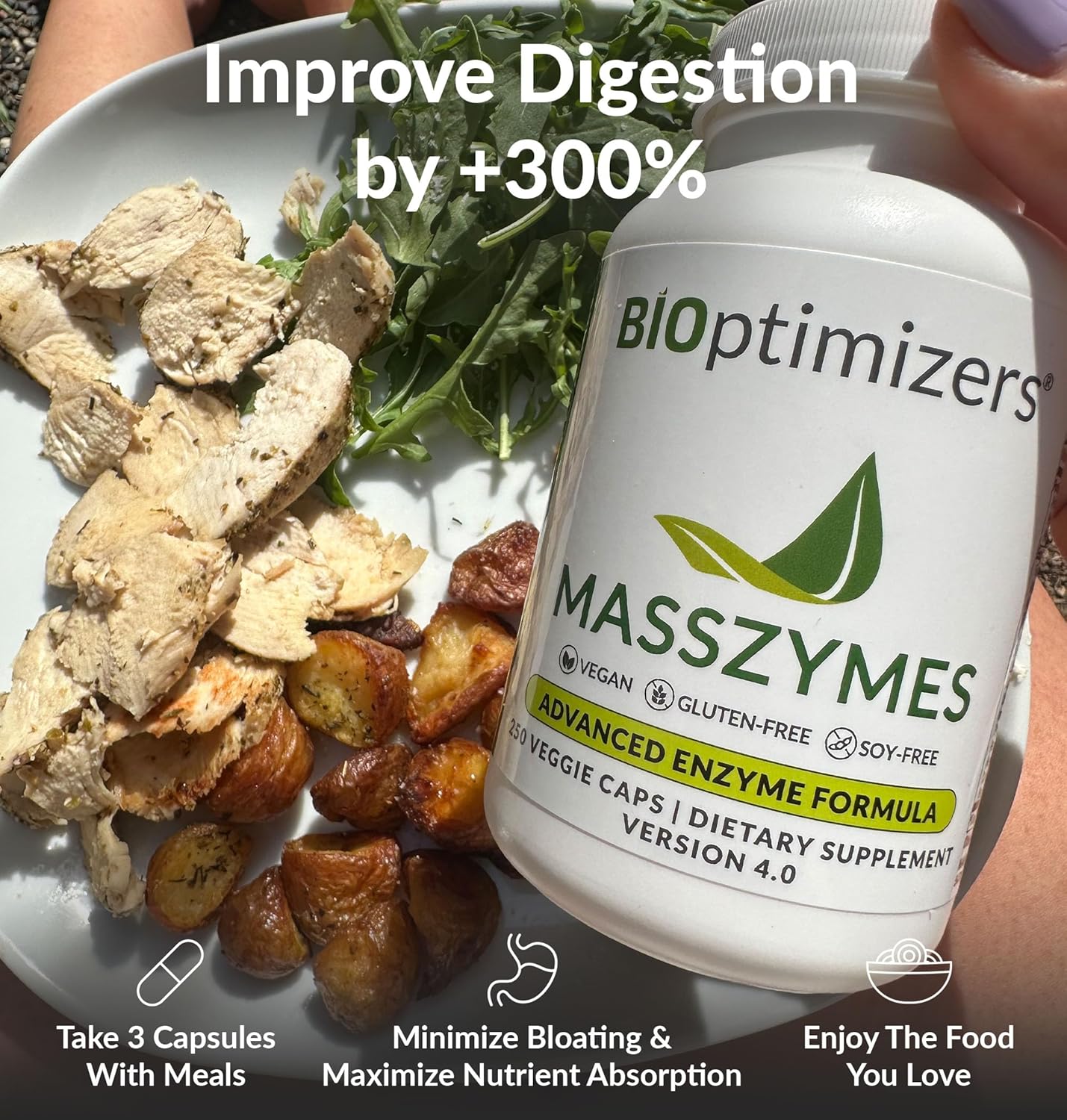 Bioptimizers Masszymes - Complete Digestive Enzymes Supplement For Gut Health - Bloating Relief For Men And Women - Lipase Amylase Bromelain Digestive Enzymes (120 Capsules) : Health & Household