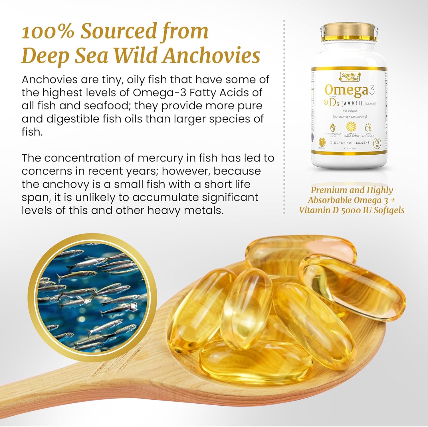 Signify Nature Omega 3 Fish Oil Supplement With Vitamin D3 5000 Iu - 1000Mg Triglyceride Capsules For Brain Health - Omega3 Epa Dha + Vit D 3-90Ct : Health & Household