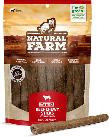 Natural Farm Natsticks Beef Chewy Sticks With Collagen (16-Pack), Made From Premium All-Natural Beef, Great For Small, Medium, Large Dogs, Protein-Rich, Quick-Chew Treats, Highly Digestible