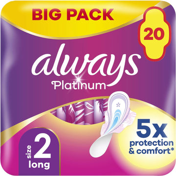 Always Platinum Sanitary Towels with Wings, Size 2, Long, 80 Towels (20 x 4 Packs), Saving Pack, Odour Neutraliser, 5X Comfort