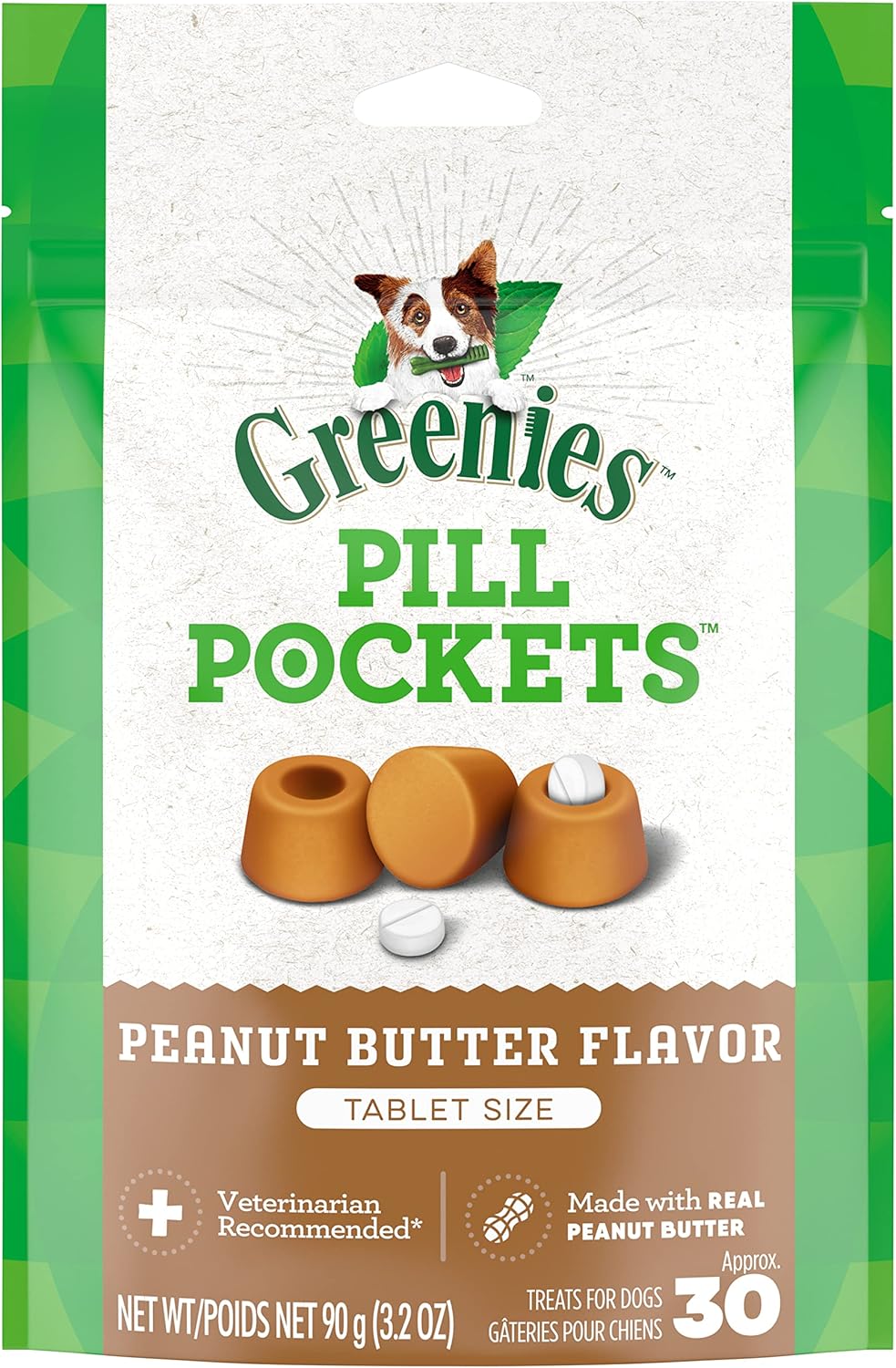 Greenies Pill Pockets For Dogs Tablet Size Natural Soft Dog Treats With Real Peanut Butter, 3.2 Oz. Pack (30 Treats)