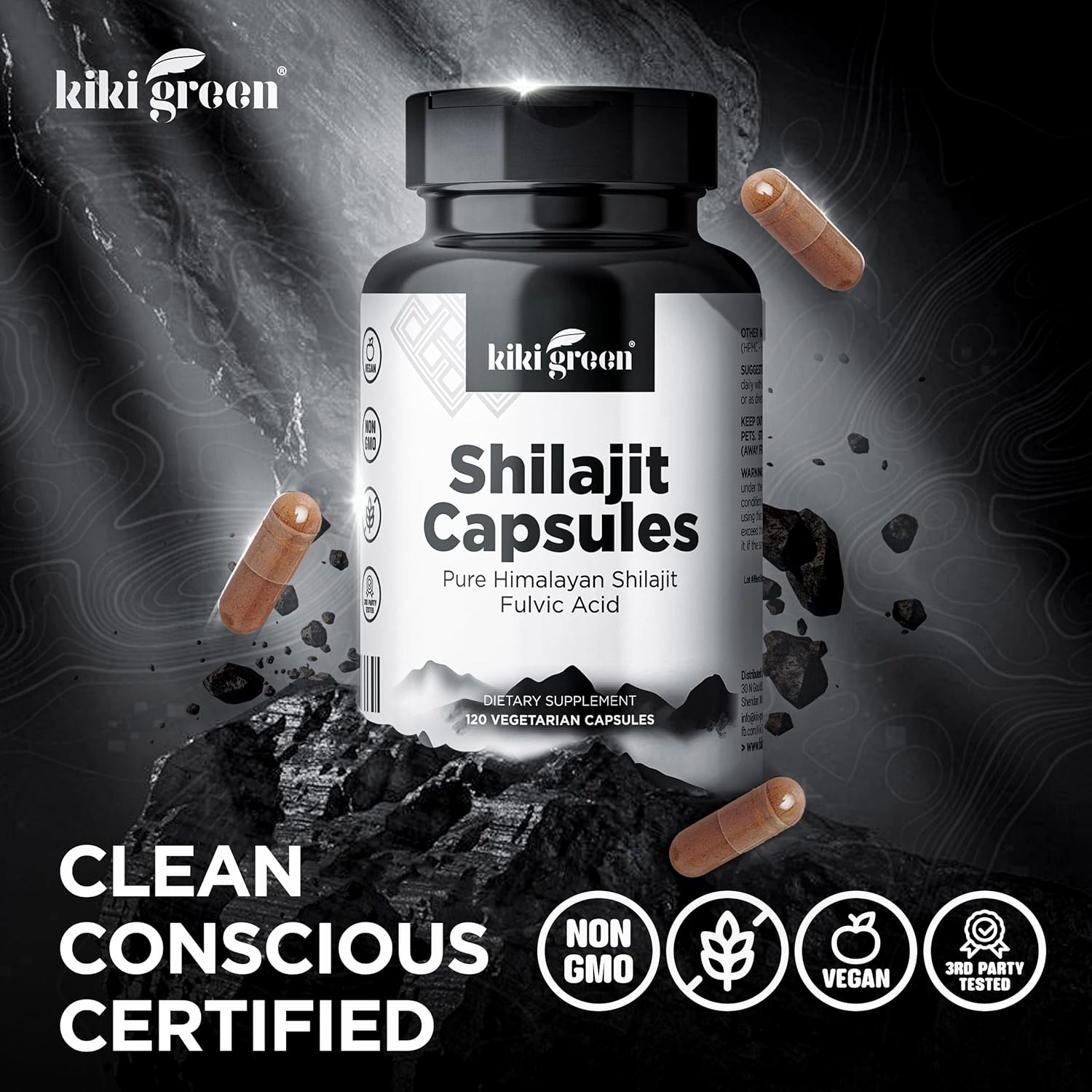 Kiki Green Shilajit Capsules - Himalayan Supplement, 40% Fulvic Acid And Trace Minerals - 500 Mg Per Serving For Strength, Energy, Immunity - 120 Vegan Count