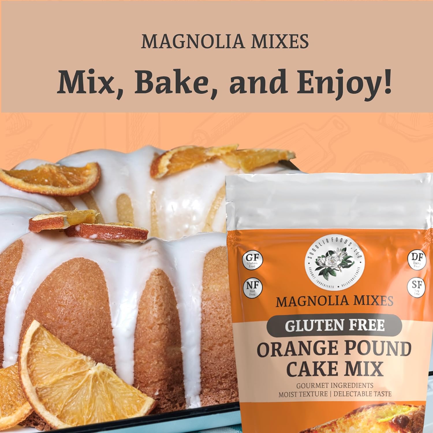 Magnolia Mixes - Orange Pound Cake Mix - A Zesty Twist on Our Lemon Pound Cake! - Easy 3-Ingredient Recipe - Moist & Light - Gluten, Nut, Dairy & Soy-Free - Old-Fashioned Flavor - 14oz Each (2-Pack) : Grocery & Gourmet Food