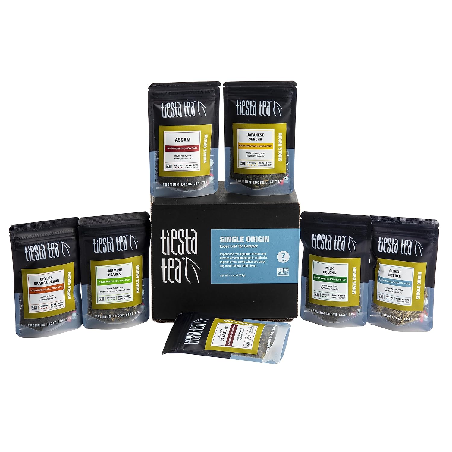 Tiesta Tea Single Origin Tea Sampler Set, Up To 56 Cups, Low To High Caffeine, Hot & Iced Tea, Loose Leaf Tea Variety Pack With Green, White, Black & Oolong Tea, 7 Sample Pouches