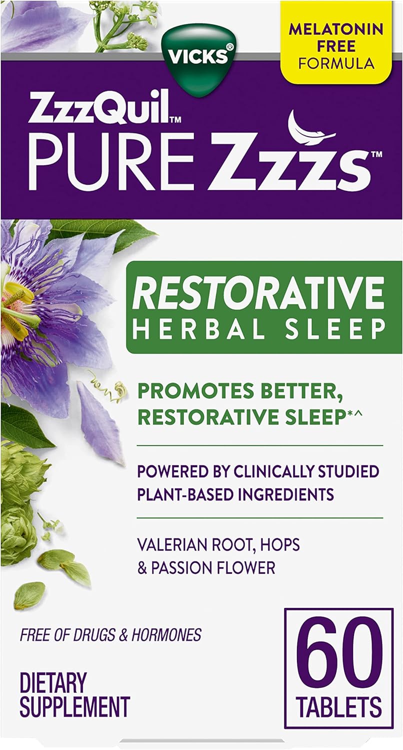 ZzzQuil PURE Zzzs Restorative Herbal Sleep, Tablets, Free of Drugs and Hormones, Melatonin-Free Formula, Valerian Root, Hops, Passion Flower, Sleep Aids for Adults, 60 Count