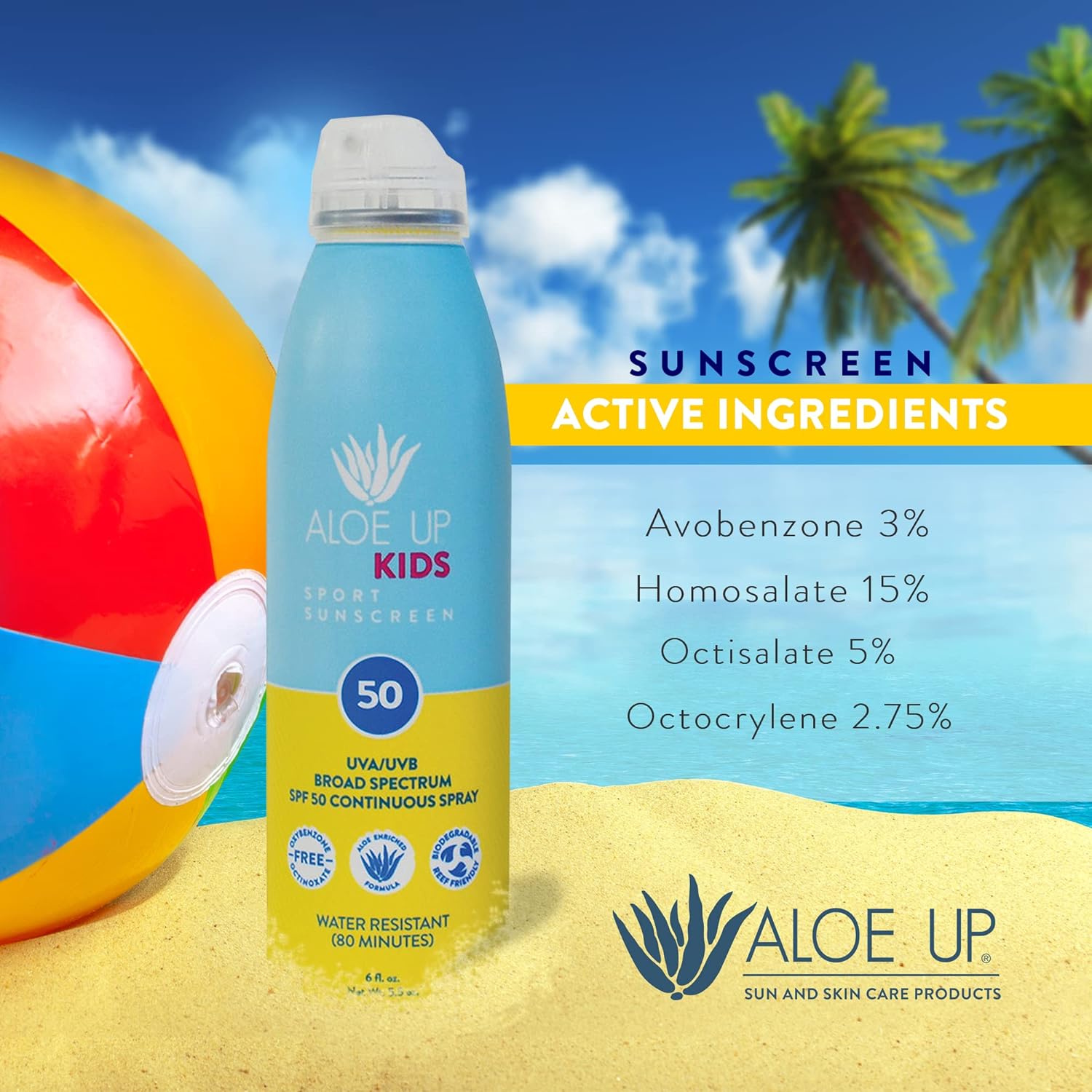 Aloe Up Kids Continuous Sport Sunscreen Spray SPF 50 - Broad Spectrum Sheer Face and Body Sunscreen Protector for Sensitive Skin - With Aloe Vera Gel - Dries Fast - Reef Safe - Fragrance-Free - 6 Oz : Beauty & Personal Care