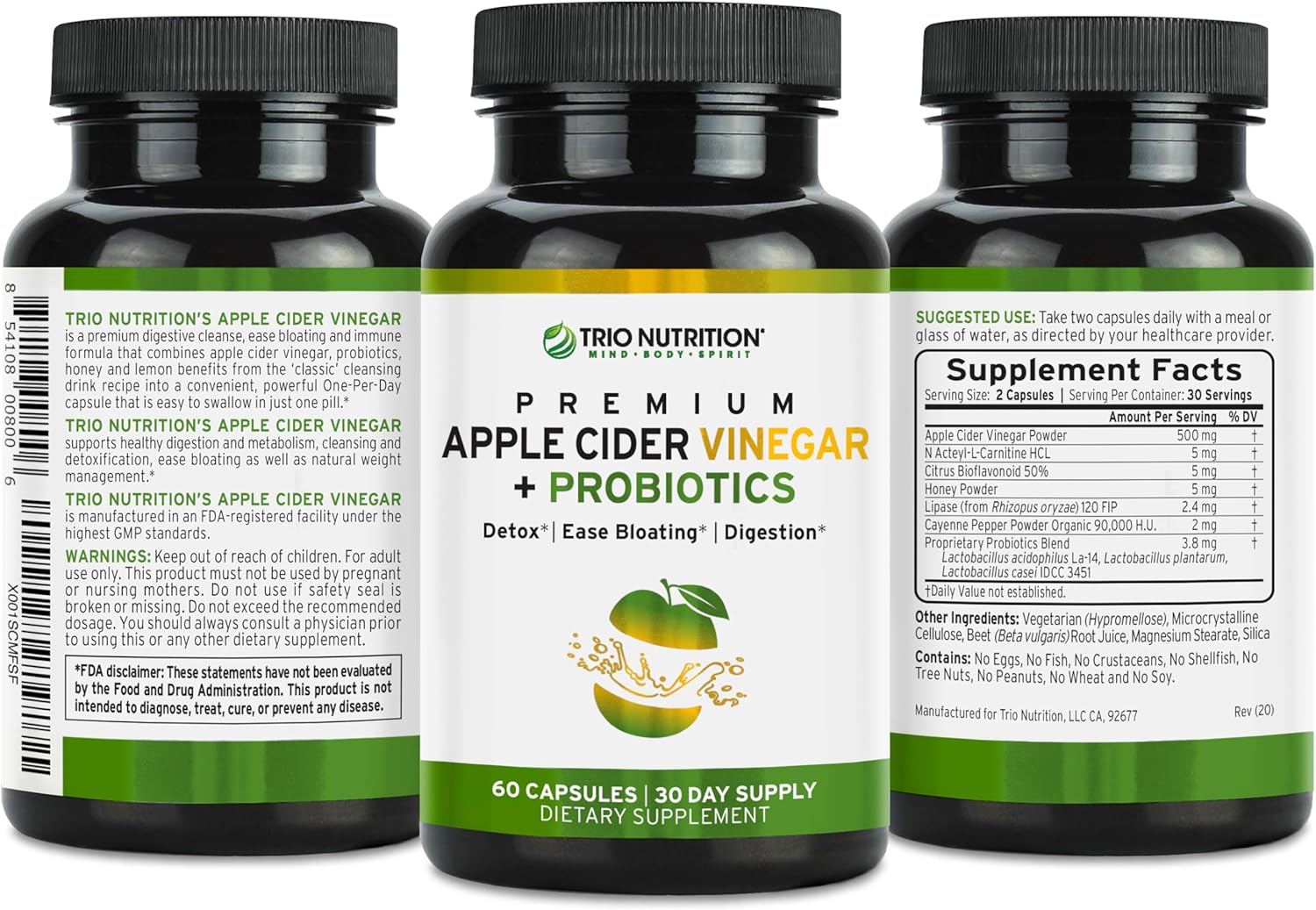 Buy Trio Nutrition Apple Cider Vinegar Capsules With Billions Of Multi-Strain Probiotics - Natural Sugar Free Acv Capsules With The Mother For Gut Health, Immunity, Body Cleanse & Healthy Ph* On  Free Shipping On Qualified Orders