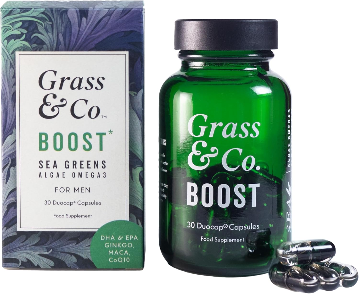 Grass & Co. Boost Sea Greens | Vegan Omega-3 Dha & Epa | Algae-Based Brain & Heart Health Supplement | 30 Capsules | Ginkgo, Maca, Coq10, Selenium & Zinc