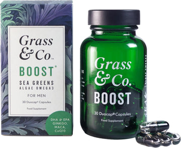 Grass & Co. Boost Sea Greens | Vegan Omega-3 Dha & Epa | Algae-Based Brain & Heart Health Supplement | 30 Capsules | Ginkgo, Maca, Coq10, Selenium & Zinc