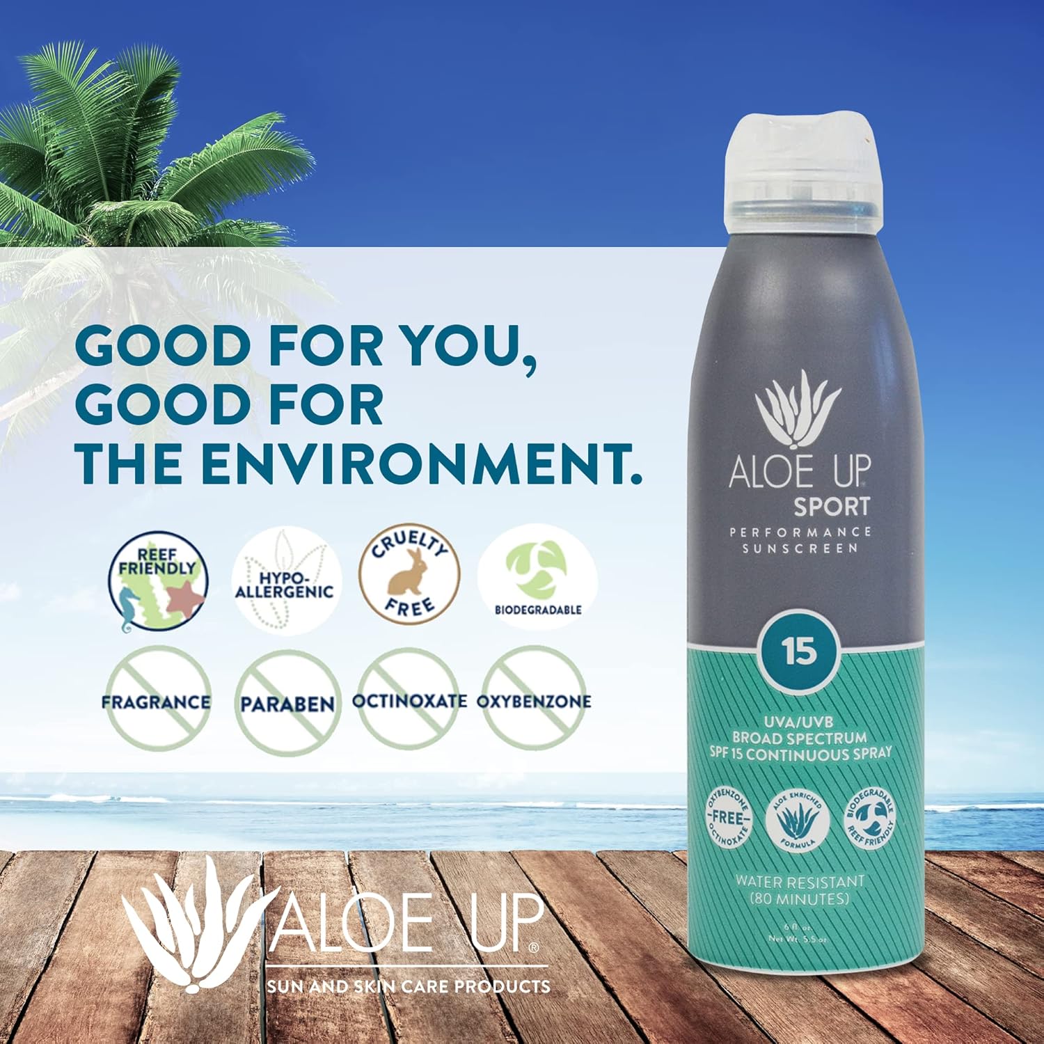 Aloe Up Sport Continuous Spray Sunscreen Spf 15 - Broad Spectrum Uva/Uvb Sunscreen Protector For Face And Body - With Aloe Vera Gel - Fast Absorbing Sheer Formula - Reef Safe - Fragrance-Free - 6 Oz : Beauty & Personal Care