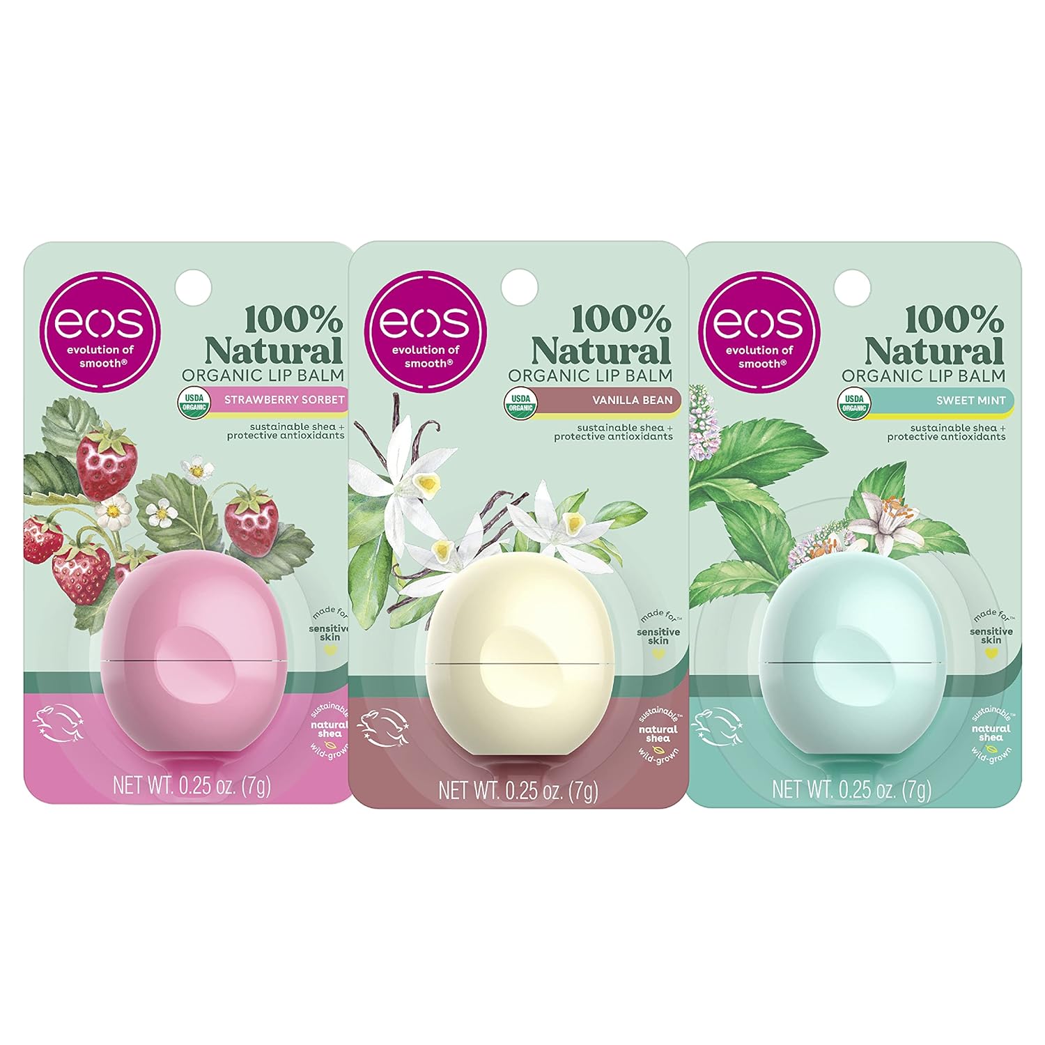 eos 100% Natural & Organic Lip Balm 3 Pack, Dermatologist Recommended, All-Day Moisture, Made for Sensitive Skin, Lip Care Products, 0.25 oz