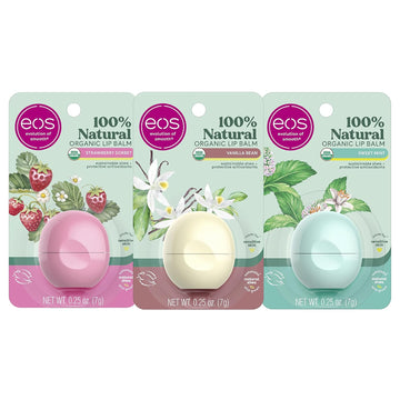 Eos 100% Natural & Organic Lip Balm 3 Pack, Dermatologist Recommended, All-Day Moisture, Made For Sensitive Skin, Lip Care Products, 0.25 Oz