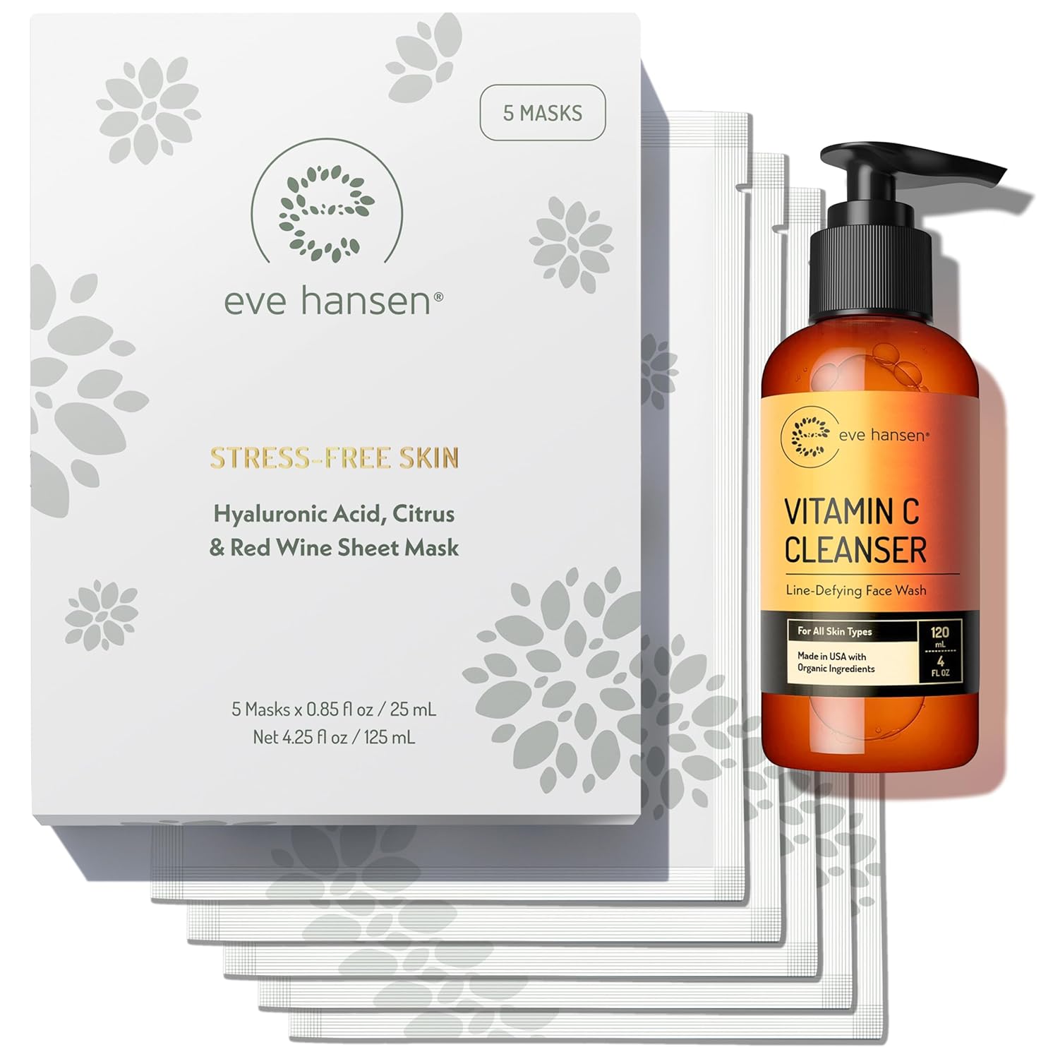 Eve Hansen Skincare Set: Hyaluronic Face Mask Sheets (Set Of 5) & Vitamin C Cleanser 4 Oz – Deep Hydration, Antioxidant Protection, And Gentle Cleansing For All Skin Types – Set Of 2 Products