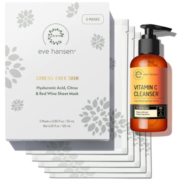 Eve Hansen Skincare Set: Hyaluronic Face Mask Sheets (Set Of 5) & Vitamin C Cleanser 4 Oz – Deep Hydration, Antioxidant Protection, And Gentle Cleansing For All Skin Types – Set Of 2 Products