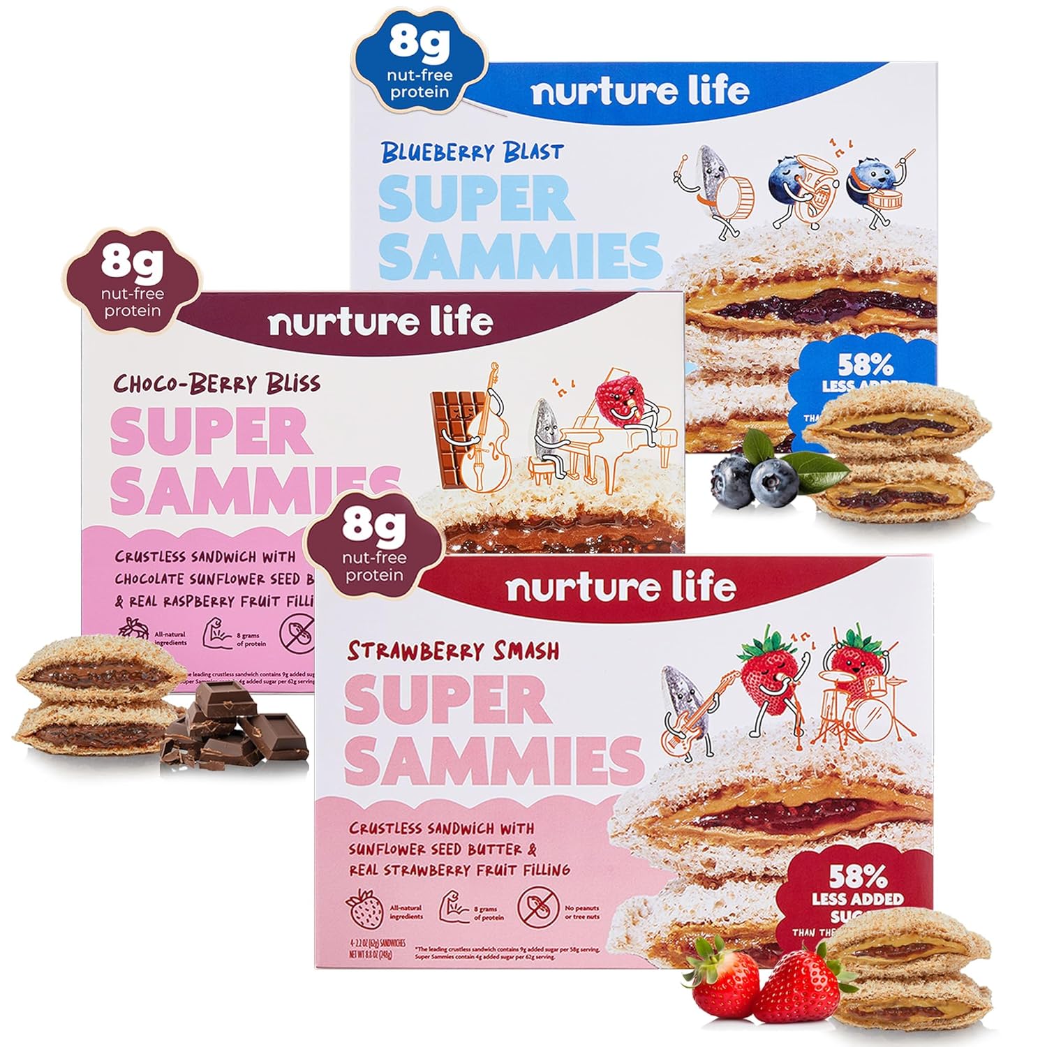 Nurture Life Crustless Sandwiches, Choco-Berry Bliss, Strawberry Smash, & Blueberry Blast Super Sammies, Toddler Snacks, Nut-Free, Allergen-Friendly, Non-Gmo, School Safe, Fresh Meals, 3 Variety Pack