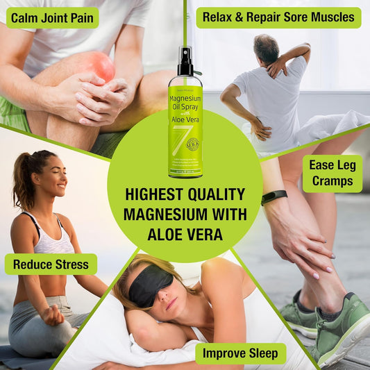 Seven Minerals, Magnesium Oil Spray With Aloe Vera - Less Itchy - Use As Magnesium Spray Deodorant - Made In Usa - Get Healthy Hair & Skin And Sleep Better - Free Ebook Included (Big 12 Oz)