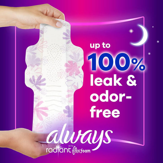 Always Radiant Overnight Feminine Pads For Women, Size 5 Extra Heavy Nighttime, With Wings, Scented, 54 Ct