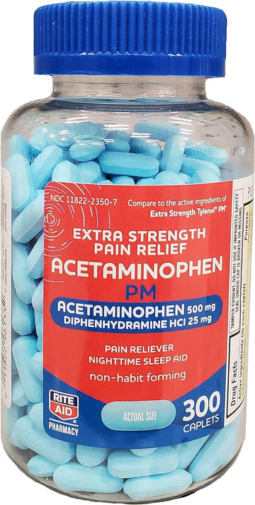 Rite Aid Extra Strength Pain Relief Acetaminophen Pm Caplets, 500Mg Acetaminophen / 25Mg Diphenhydramine - 300 Count - Nighttime Pain Reliever + Sleep Aid