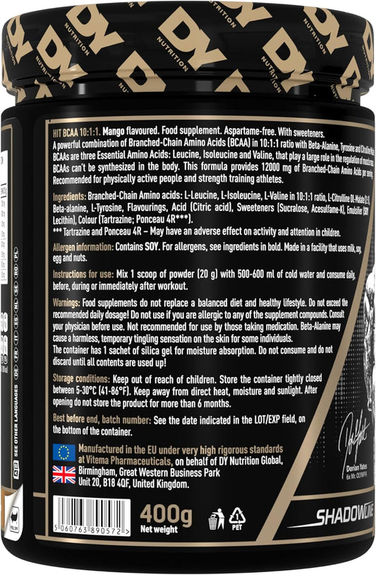 Dy Nutrition Hit Bcaa 10:1:1 (Orange) With L-Citrulline Malate, Beta Alanine + 12G Of Branch Chain Amino Acids 400G Powder, 20 Servings - Optimal Pump & Performance | Non Stim Pre & Intra Workout