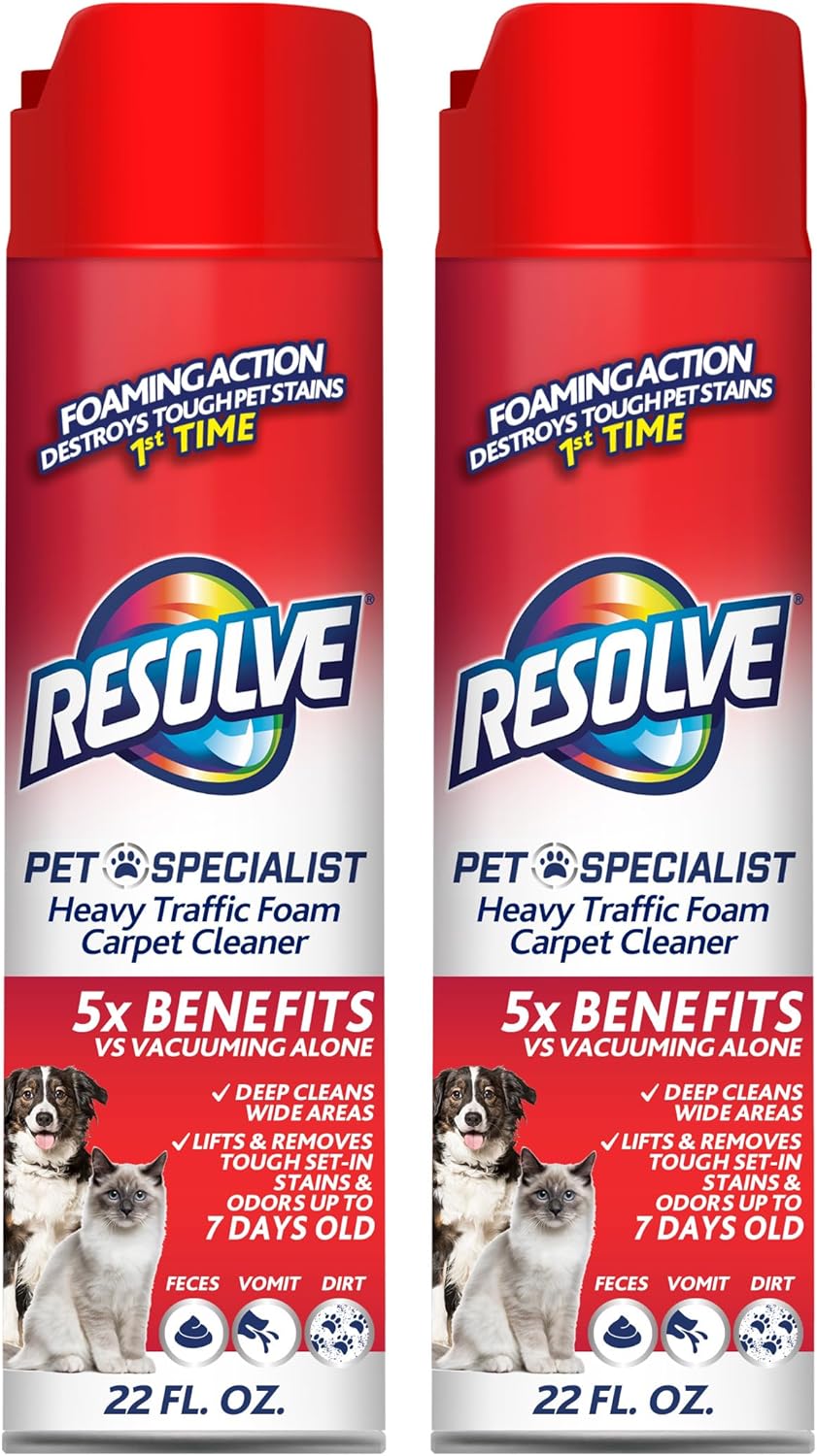 Resolve Pet Specialist Heavy Traffic Foam, Carpet Cleaner, Pet Stain And Odor Remover, Carpet Cleaner Solution, 22 Oz (2 Pack)