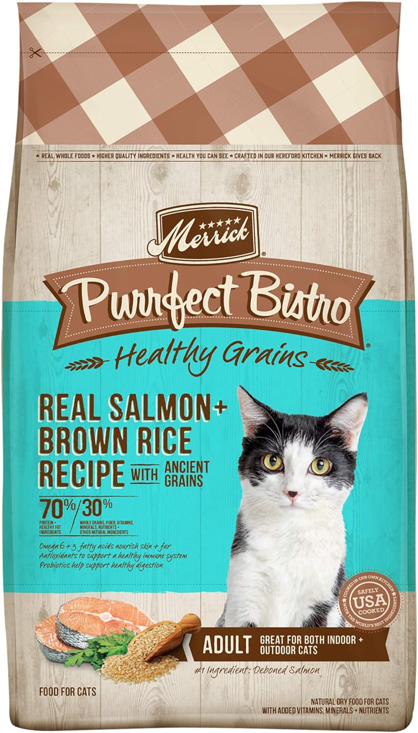 Merrick Purrfect Bistro Premium Healthy Grains Dry Cat Food For Adult Cats, Real Salmon And Brown Rice Recipe - 4.0 Lb. Bag