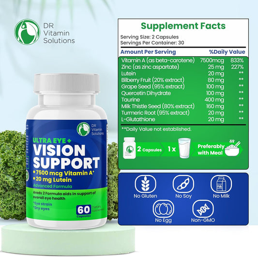 Dr Vitamin Solutions Vision Support Eye Vitamins For Macular Health | Supplements With Lutein, Zinc, Vitamin A & Bilberry | Areds 2 Formula For Red & Dry Eyes, Sight Care (1 Bottle, 60 Capsules)