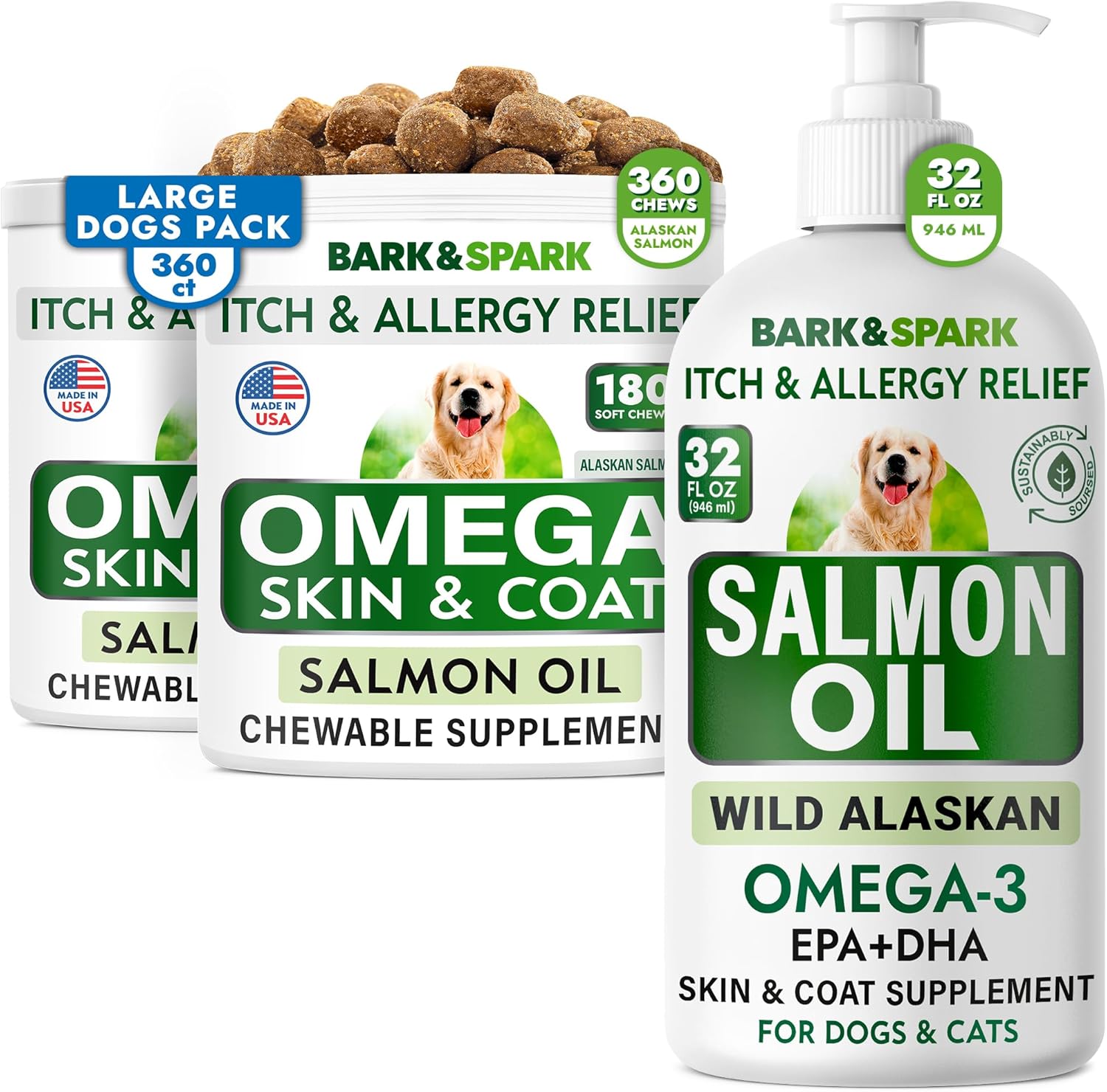 Bark&Spark Omega 3 For Dogs Bundle - Anti-Itch Skin + Skin Allergy - Omega 3 Fish Oil + Epa & Dha Fatty Acids - Itching & Paw Licking + Itch Relief - 360 Chews + 32Oz Salmon Oil - Made In Usa