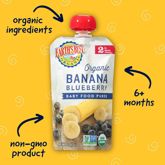 Earth'S Best Organic Baby Food Pouches, Stage 2 Wholesome Breakfast Puree For Babies 6 Months And Older, Organic Banana Blueberry Puree, 4 Oz Resealable Pouch (Pack Of 8)