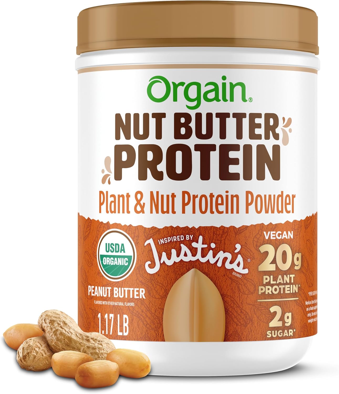 Orgain X Justin'S ® Organic Vegan Nut Butter Protein Powder, Peanut Butter- 20G Plant Protein, 2G Sugar, Gluten Free, No Dairy, Soy Ingredients, Or Artificial Flavors, 1.17 Lb