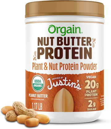 Orgain X Justin'S ® Organic Vegan Nut Butter Protein Powder, Peanut Butter- 20G Plant Protein, 2G Sugar, Gluten Free, No Dairy, Soy Ingredients, Or Artificial Flavors, 1.17 Lb