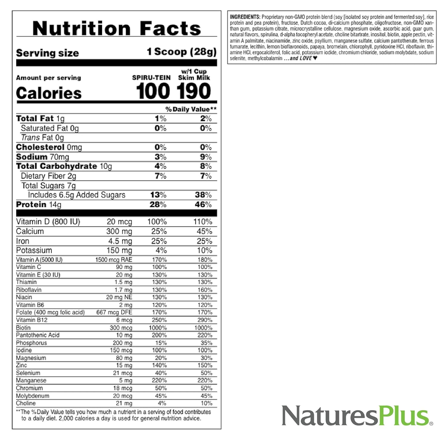 NaturesPlus SPIRU-TEIN, Chocolate - 2.1 lb, Pack of 2 - Plant-Based Pr