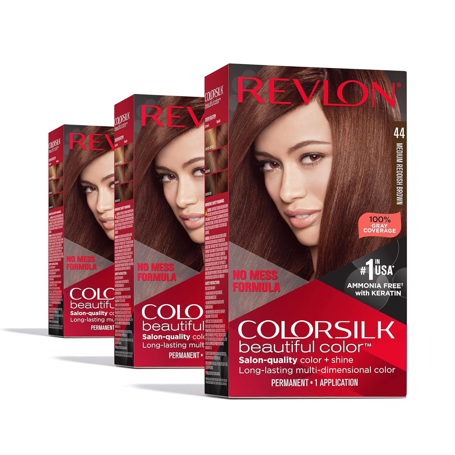 Revlon Colorsilk Beautiful Color Permanent Hair Color, Long-Lasting High-Definition Color, Shine & Silky Softness With 100% Gray Coverage, Ammonia Free, 44 Medium Reddish Brown, 3 Pack