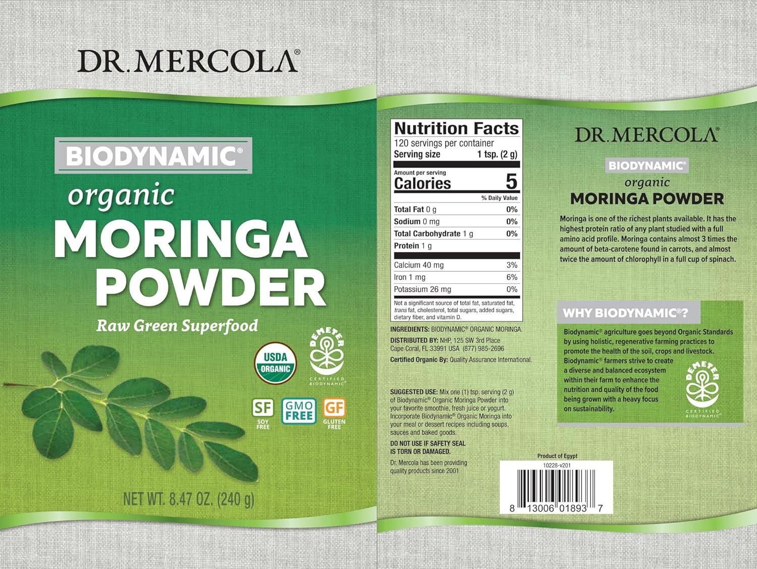 Dr. Mercola, Organic Biodynamic Moringa Powder, 8.46 oz. (240 g), 120 Servings, Non GMO, Soy Free, Gluten Free, USDA Organic : Health & Household