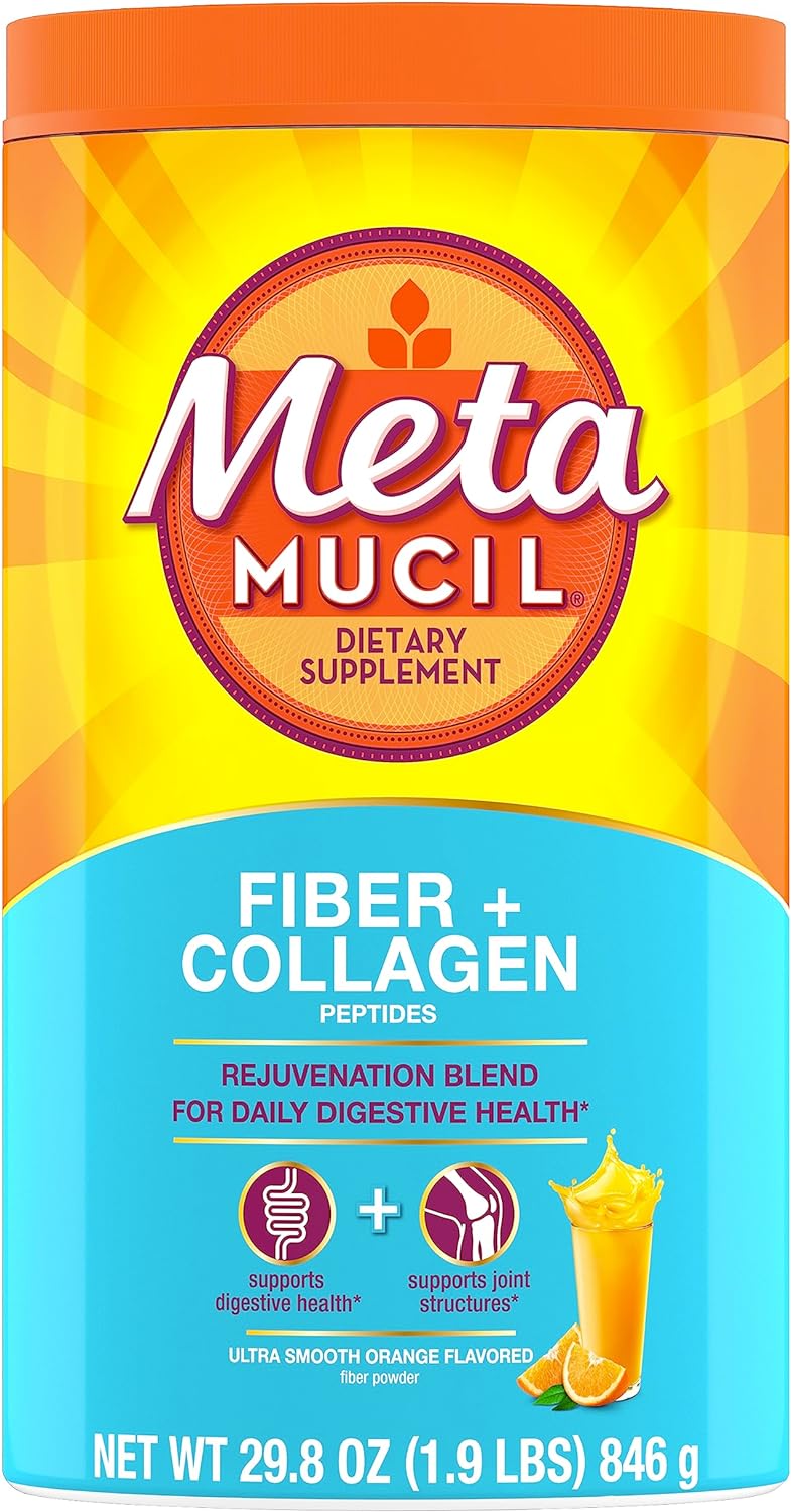 Metamucil Daily Fiber + Collagen, Psyllium Husk Powder, Plant Based, Sugar-Free with Stevia, 3-in-1 Fiber for Digestive Health, Orange Flavored, 90 Doses (29.8 OZ Fiber Powder)