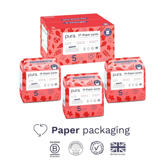 Pura Hypoallergenic Diaper Pants Size 5 (27-38 Lbs) Overnight, Up To 12 Hours Leak Protection, Suitable For Sensitive Skin, Totally Chlorine Free, Soft Organic Cotton, 3 Packs Of 19 (57 Pull Up Pants)