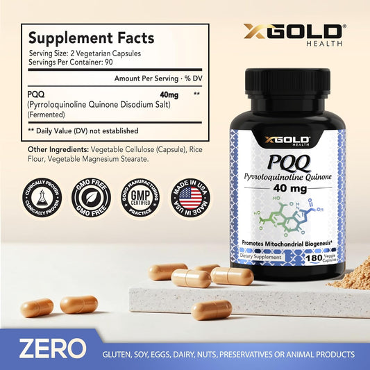 X Gold Health Pqq Supplement 40Mg - 180 Veggie Capsules | Pyrroloquinoline Quinone Supplement | 99,7%+ Highly Purified And Bioavailable | Mitochondrial Energy Optimizer | Made In Usa, Non-Gmo
