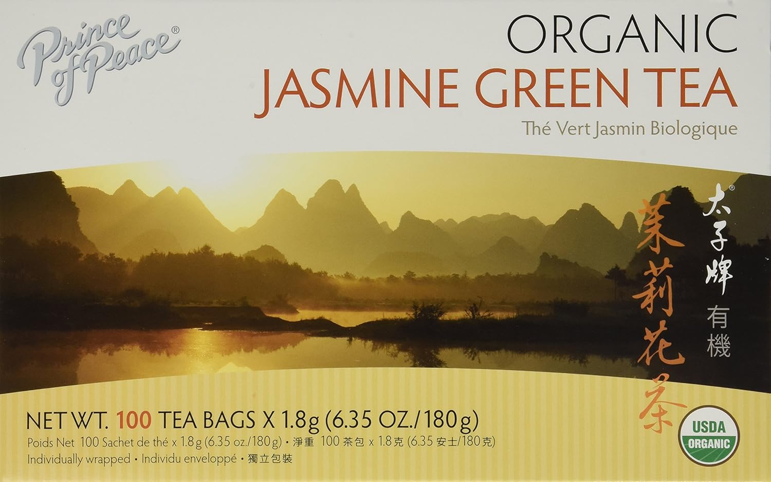 Prince Of Peace Organic Jasmine Green Tea, 100 Tea Bags – 100% Organic Green Tea – Unsweetened Green Tea – Lower Caffeine Alternative To Coffee – Herbal Health Benefits