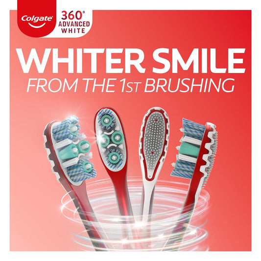 Colgate 360 Optic White Advanced Whitening Toothbrush, Adult Medium Toothbrush with Whitening Cups, Helps Whiten Teeth and Removes Odor Causing Bacteria, 2 Pack