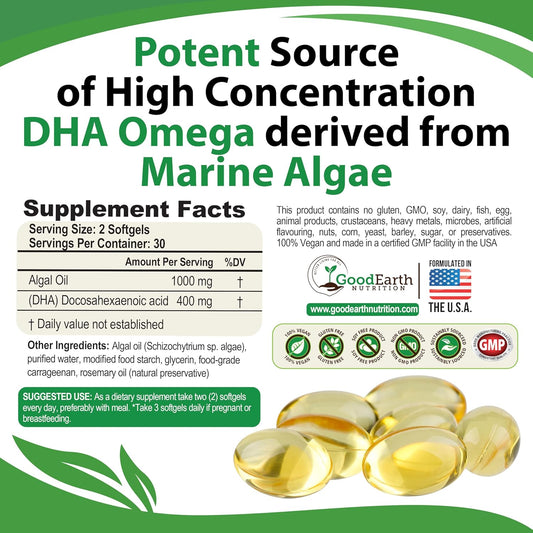 Algal Oil - Vegan Dha Omega 3 Fish Oil Supplements - Brain Booster,Supplement & Prenatal Vitamin -Provides Healthy Heart & Immune Support - Burpless Algae Supplement - 60 Mini Fish Softgels