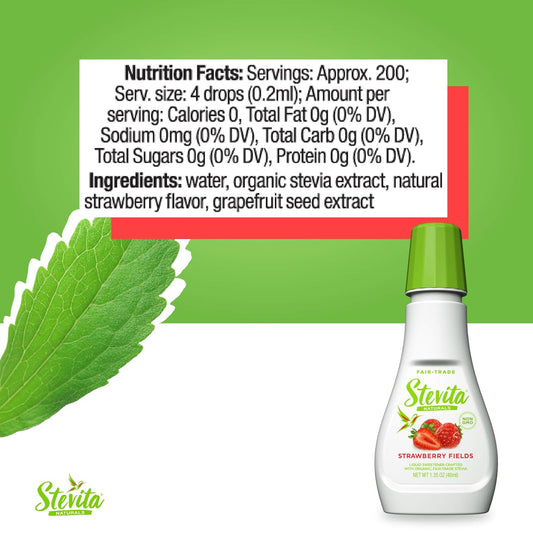 Stevita Strawberry Fields - 1.35 oz - All-Natural Liquid Sweetener Made with Organic Stevia - Zero Calories - Non-GMO, Vegan, Keto, Paleo, Gluten Free - Approx. 200 Servings