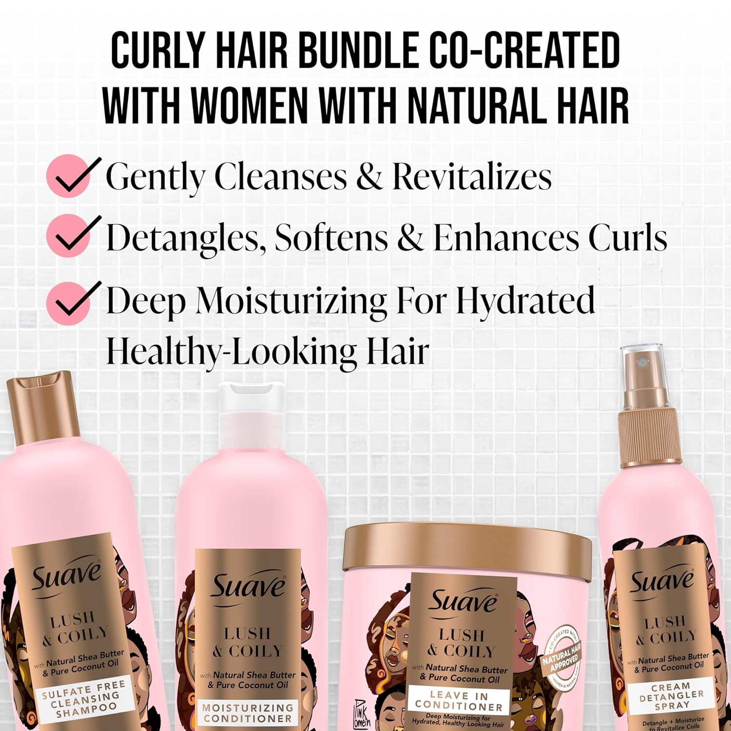 Suave Luscious Curly Hair Shampoo and Conditioner Set for Women With Natural Hair, with Leave-In Conditioner for Curly Hair and Detangling Spray, 4 Count : Beauty & Personal Care