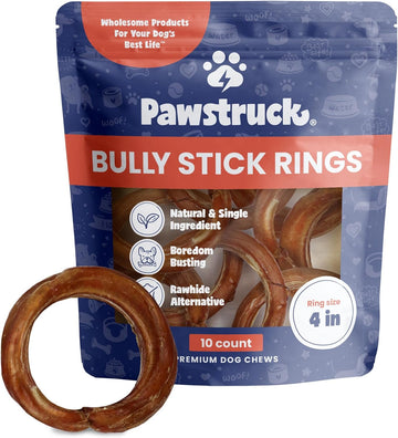 Pawstruck All-Natural 4" Bully Stick Rings for Dogs - Rawhide Free 100% Beef Single Ingredient Dental Chew Treat Bones - Fully Digestible Low Odor - 10 Pack - Packaging May Vary